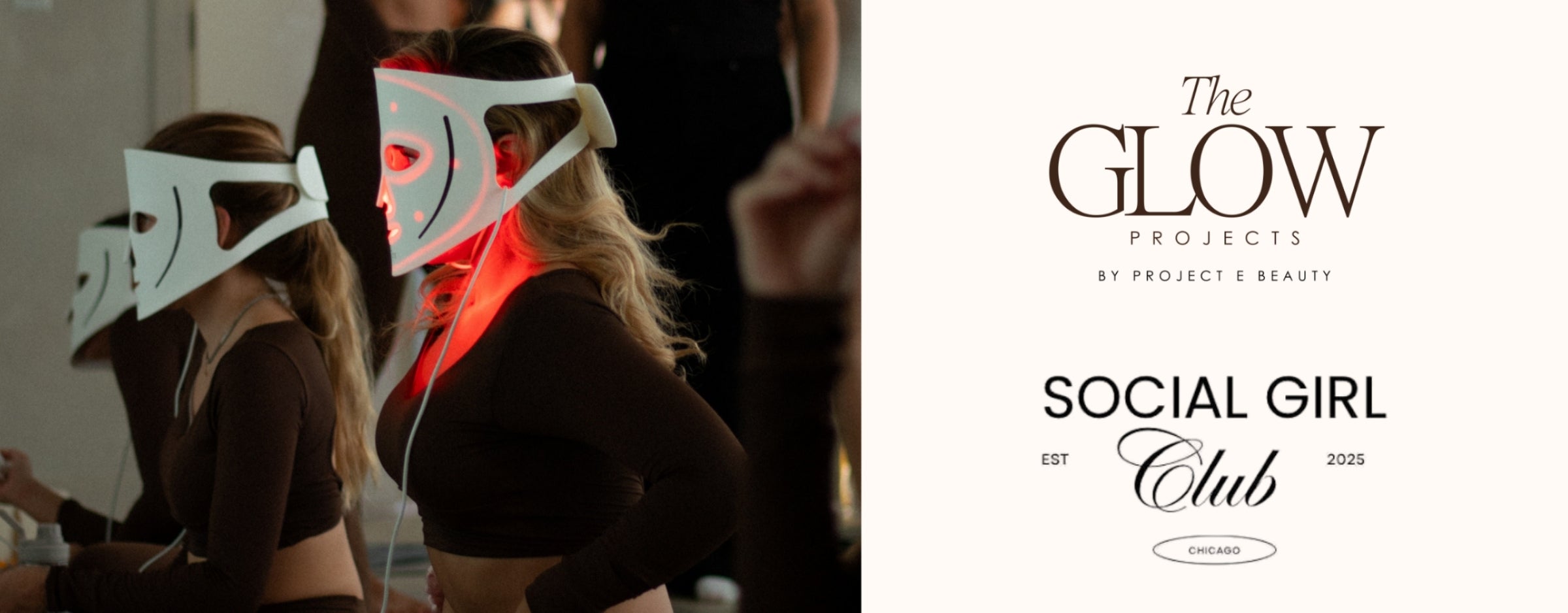 Group of women wearing LumaLux Face Pro red LED light therapy masks at The Glow Projects event by Project E Beauty.